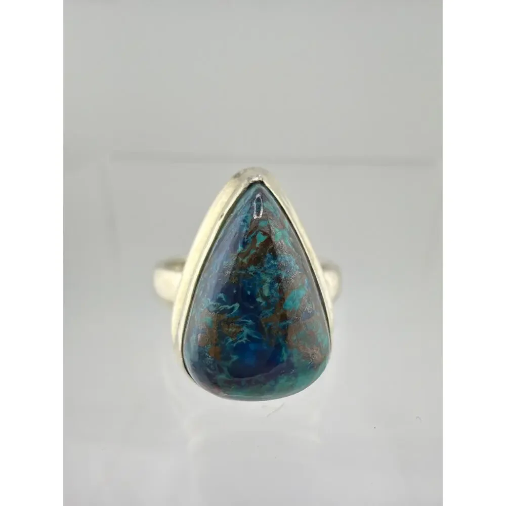 Teardrop Azurite Blue Green 925 Sterling Silver Statement Ring Size 7